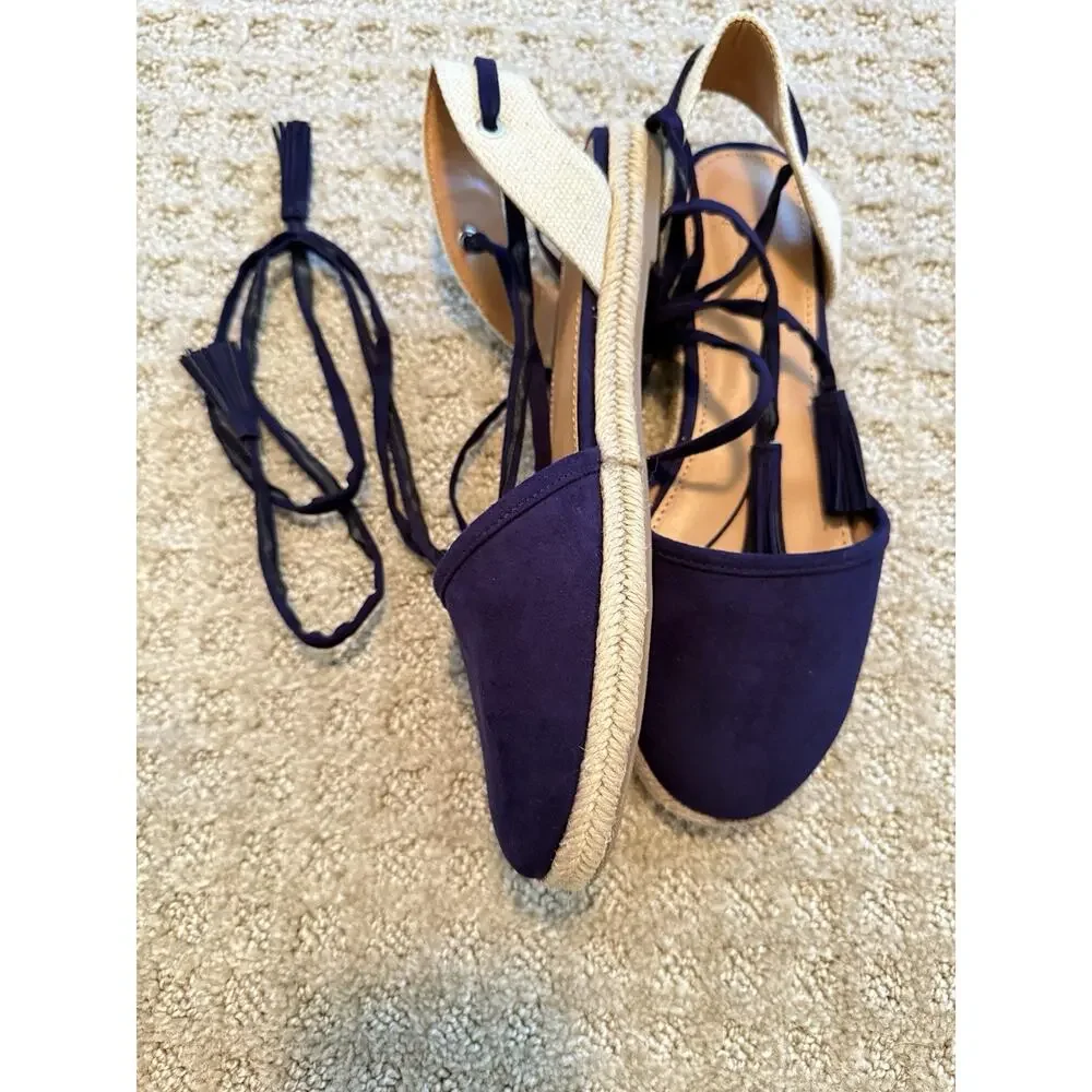 Women's J.Crew Microsuede Lace-Up Espadrilles Flats Navy Size 6 J0839